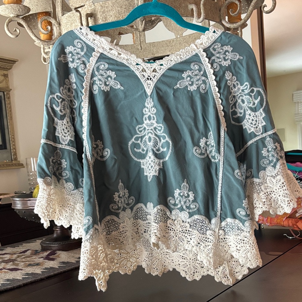 Democracy Teal and White Lace Blouse